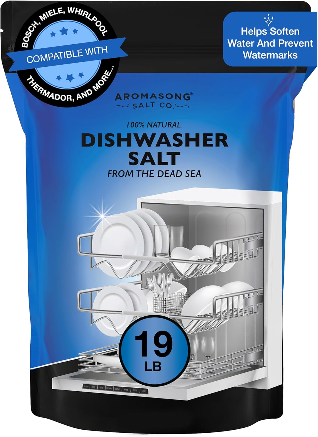 Aromasong Dishwasher Salt 19 LB - 100% Natural Water Softening Agent for Cleaner Dishes & Washer Reactivation Compatible with Bosch, Miele, Whirlpool, Thermador and More (packaging may vary)