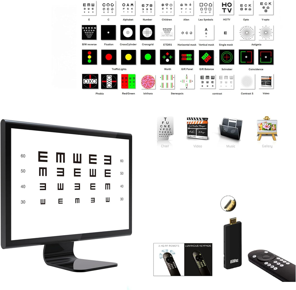 Optical Elite Digital Visual Acuity Eye Chart for Optometry, Snellen & Tumbling E, Randomize/Mirror, Works with TV/Monitor, Plug & Play, No PC Required, Auto Calibration, RF Remote, Supports 4K