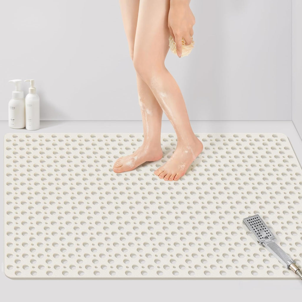Yolife Extra Large Shower Mat 47x32 inch, Non Slip Shower Mat for Inside Shower with Drain Holes and Suction Cups for Bathroom, No Odor TPE Shower Floor Mat,White