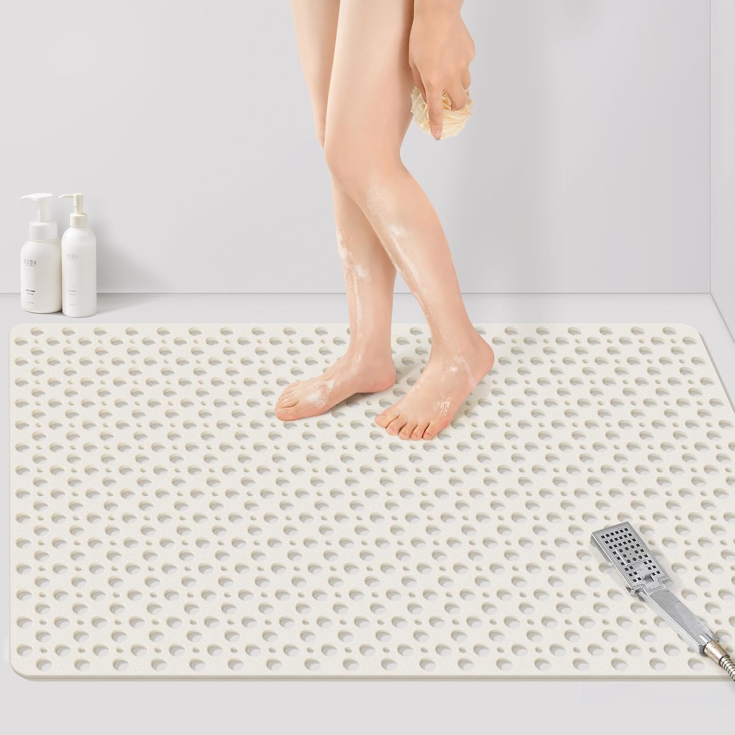 Yolife Extra Large Shower Mat 47x32 inch, Non Slip Shower Mat for Inside Shower with Drain Holes and Suction Cups for Bathroom, No Odor TPE Shower Floor Mat,White
