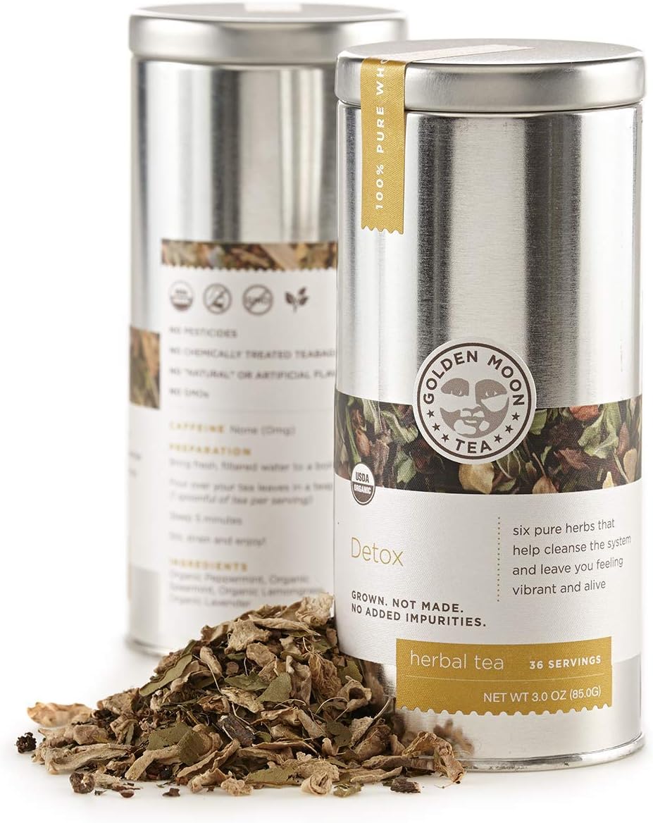 Golden Moon Organic Herbal Detox Tea - Loose Leaf, Non GMO - Travel Tin (36 Servings)