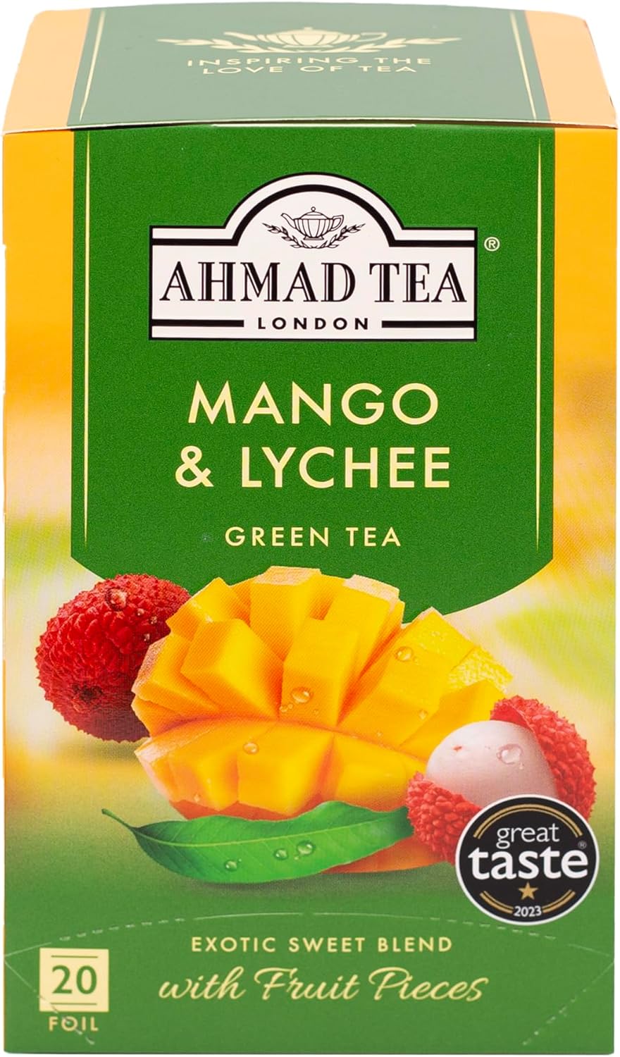Ahmad Tea Green Tea, Mango & Lychee Teabags, 20 ct (Pack of 1) - Caffeinated & Sugar-Free
