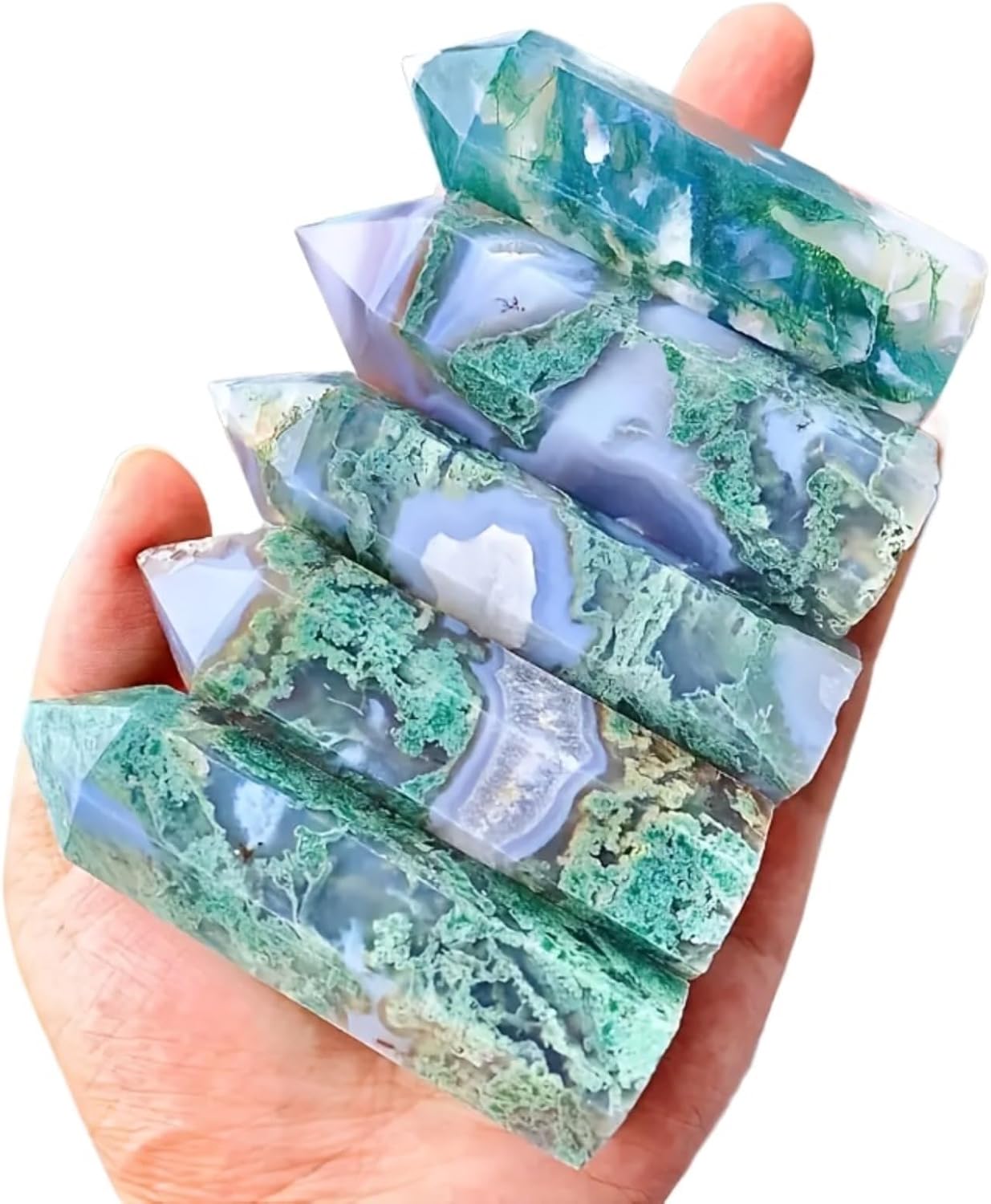 1pc Moss Agate Crystal Wand Hexagonal Pointed Tower Faceted Prism Natural Gemstone for Reiki Chakra Healing Energy Home Decor