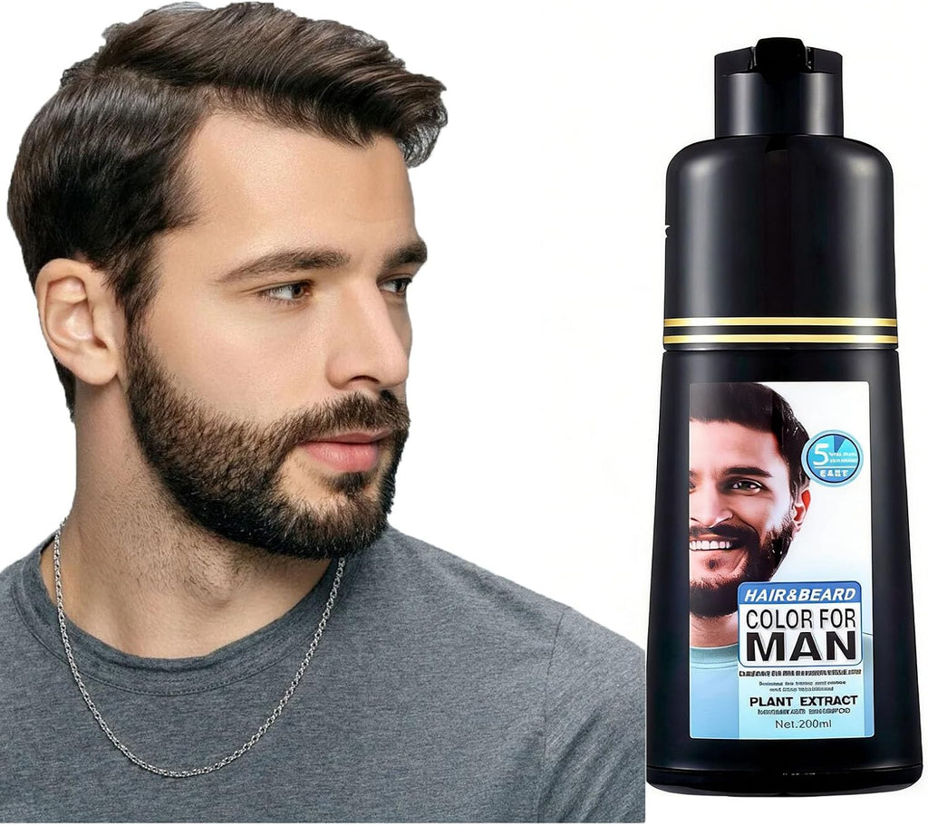Black Beard Dye Shampoo for Men 5 Minute Gray Coverage with Argan & Coconut Oil, No-Mess Formula, Lasts 5 Weeks, 200ML (Beard & Mustache)