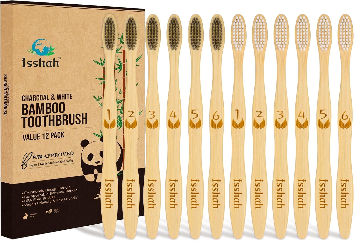 Biodegradable Eco-Friendly Natural Bamboo Charcoal Toothbrushes, FSC Certified and PETA Approved - 12 Count