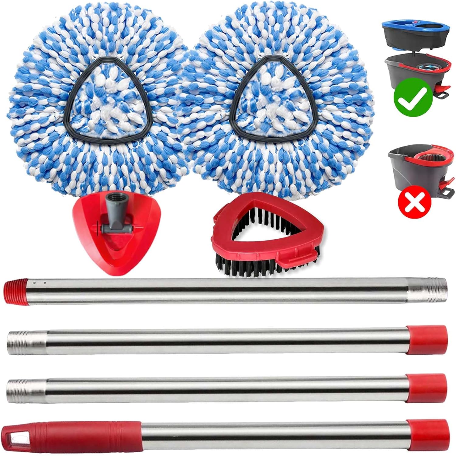 Spin Mop Replace Heads for O Cedar Rinse Clean 2 Tank System, Spin Mop Replacement Head 2 Microfiber Mop Refills, 1 Triangle Head Cover and 30-58in Handle 1 1Scrub Brush