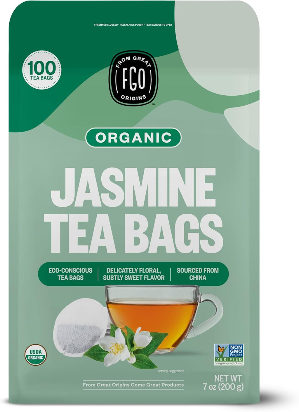 FGO Organic Jasmine Green Tea, 100 Count, Eco-Conscious Tea Bags, Resealable Bag, Packaging May Vary (Pack of 1)
