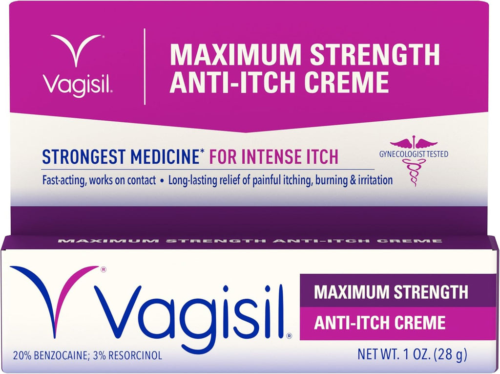 Vagisil Maximum Strength Feminine Anti-Itch Cream with Benzocaine for Women, Helps Relieve Yeast Infection Irritation, Gynecologist Tested, Fast-Acting, Soothes and Cools Skin, 1 oz