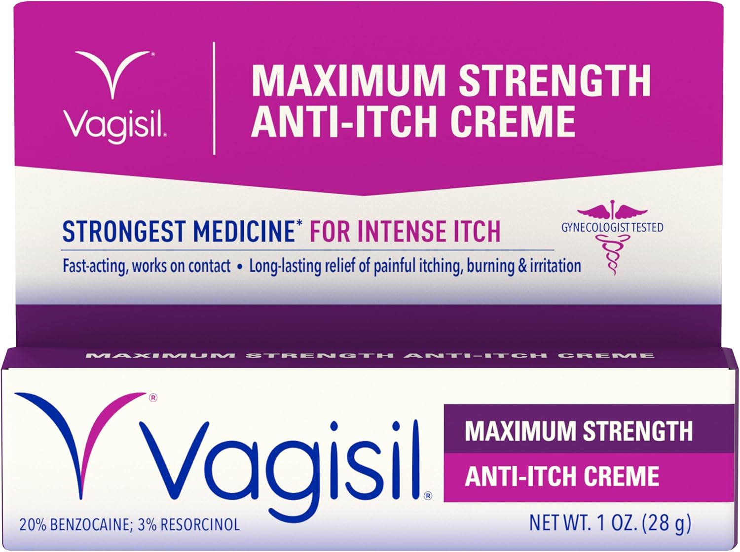 Vagisil Maximum Strength Feminine Anti-Itch Cream with Benzocaine for Women, Helps Relieve Yeast Infection Irritation, Gynecologist Tested, Fast-Acting, Soothes and Cools Skin, 1 oz
