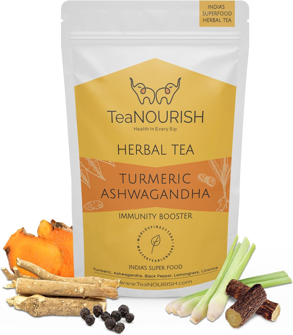 TeaNOURISH Turmeric Ashwagandha Herbal Tea | CAFFEINE-FREE | Indian Superfoods Blended with Black Pepper & Licorice | Supports Immunity | 100% NATURAL INGREDIENTS - 3.53oz/100g
