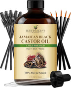 Handcraft Blends Cold-Pressed Jamaican Black Castor Oil 4 Fl Oz | Glass Bottle | Lash Brushes | 100% Pure and Natural | Premium Grade Carrier Oil | Hair, Eyelashes and Eyebrows | Hair and Body