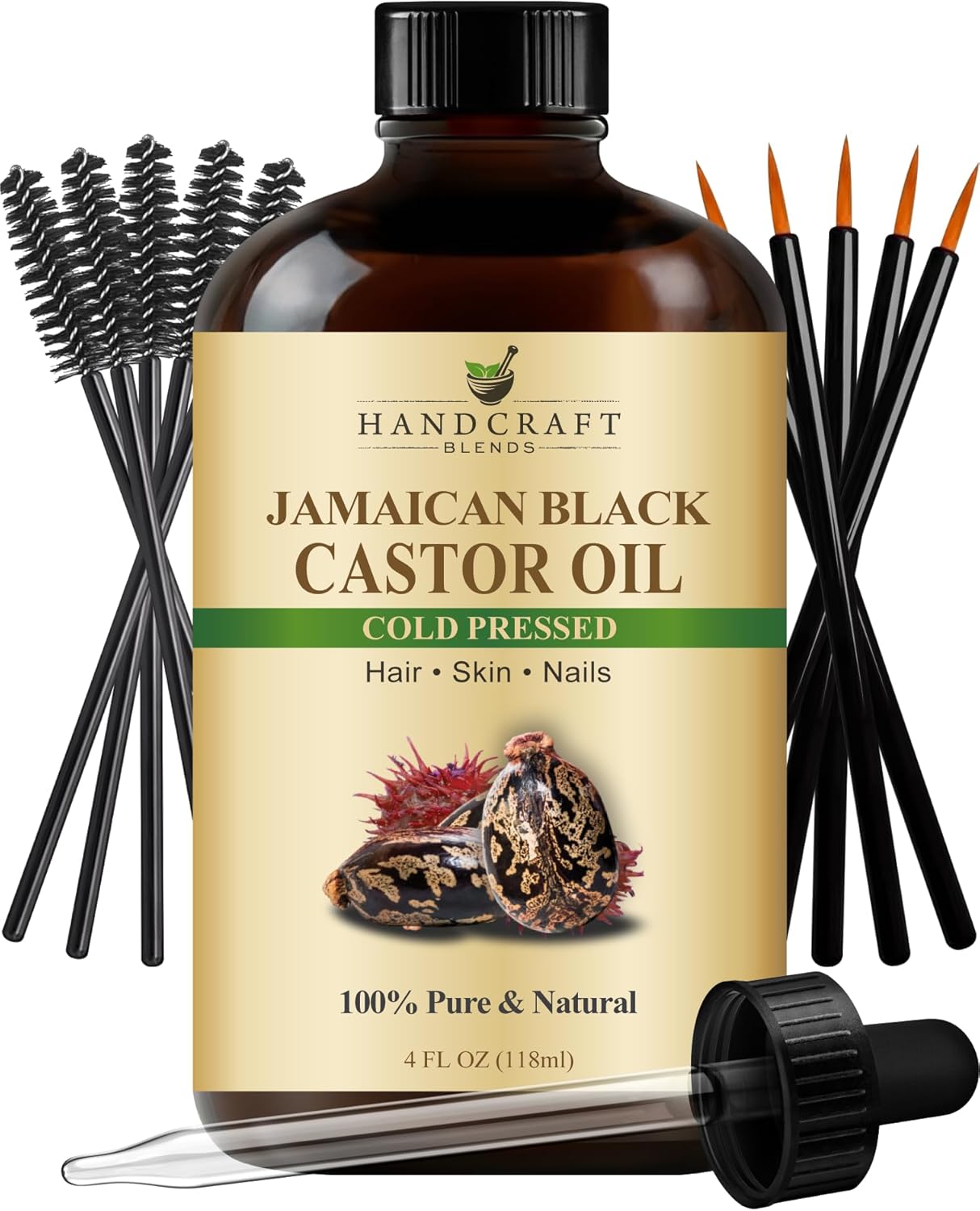 Handcraft Blends Cold-Pressed Jamaican Black Castor Oil 4 Fl Oz | Glass Bottle | Lash Brushes | 100% Pure and Natural | Premium Grade Carrier Oil | Hair, Eyelashes and Eyebrows | Hair and Body