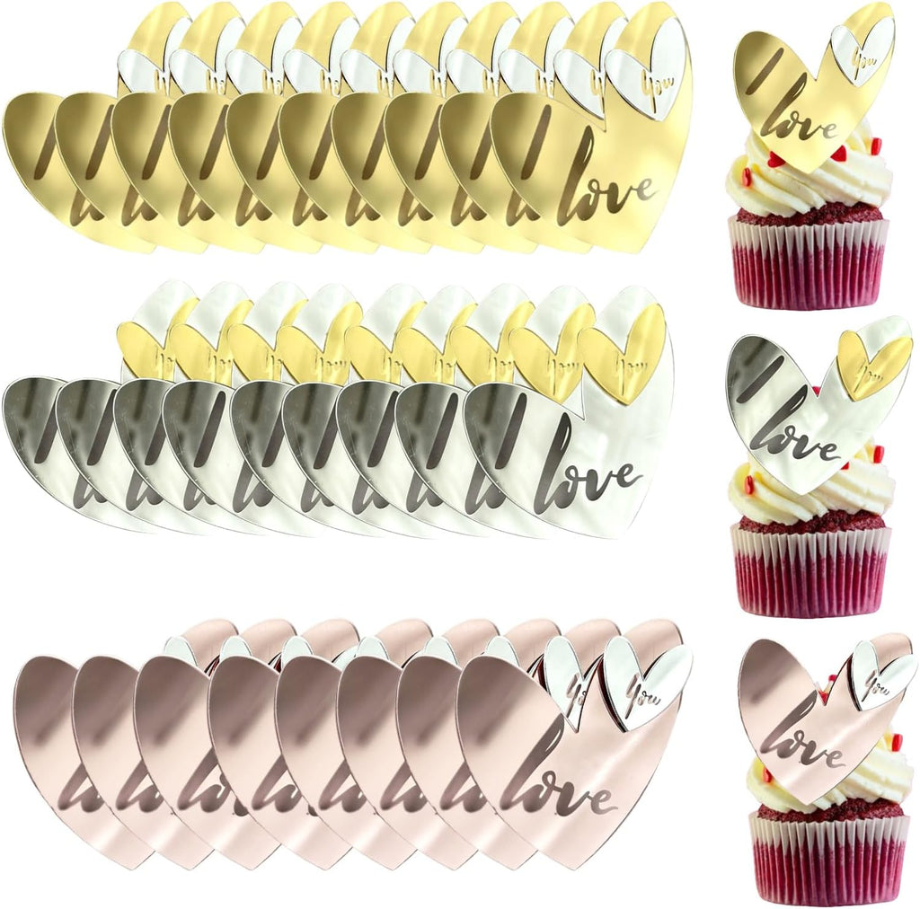 24 Pcs Love Heart Acrylic Cupcake Topper Cake Decoration Disc Mirror Acrylic Cake Topper Engraved Personalized Cake Topper for Valentine's Day Wedding Mother's Day (24, Gold Silver Rose)