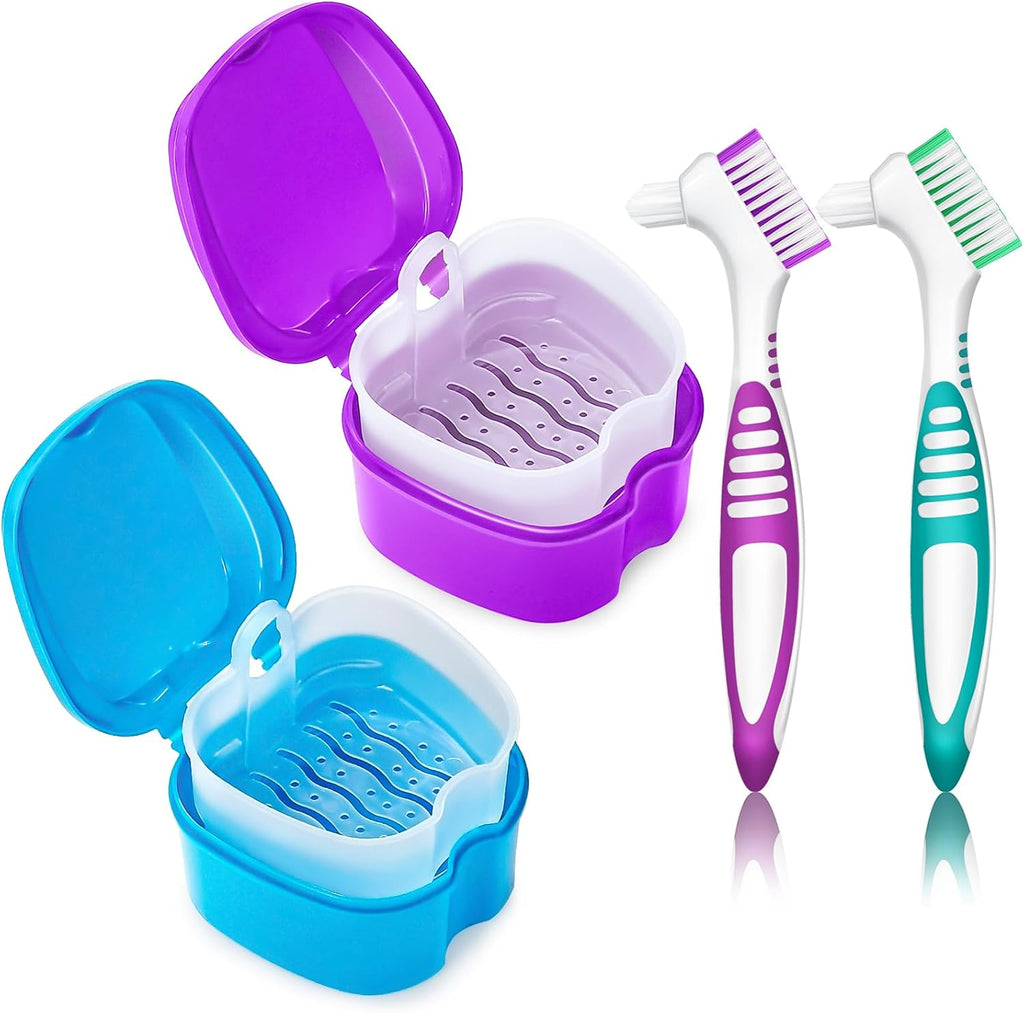 2 Pack Denture Cup Denture Bath Holder Case with Strainer Basket, Dental Retainer Cleaner Case False Teeth Container Denture Bath Soaking Cup with 2 Brushes - Purple and Blue