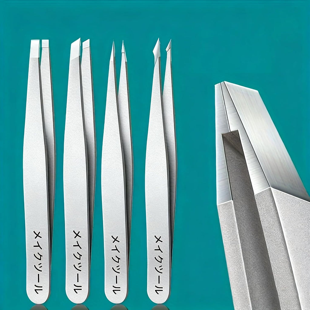 Professional Precision Tweezers Set (4-Piece) for Eyebrow Shaping and Facial Hair Removal – High-Grade Stainless Steel Slanted, Pointed, and Straight Tips –Silver Finish Tweezer Kit