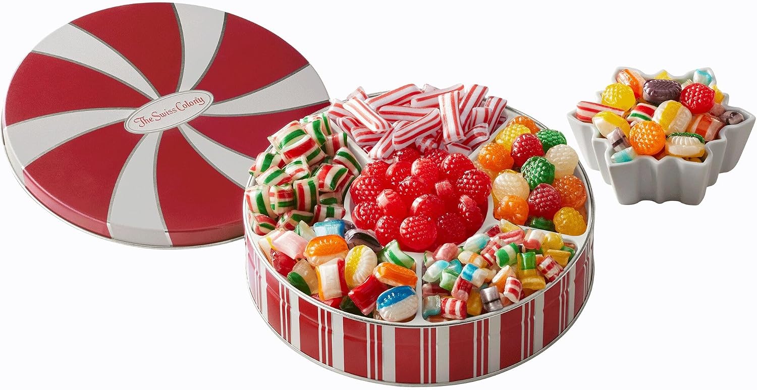 The Swiss Colony Traditional Christmas Candy Tin - 1 lb. 14 oz. Net Wt.: Old Fashioned Hard Candy Mix, Raspberry Drops, Pillows - Perfect Sweets Gift Box for All Occasions & Grandparents