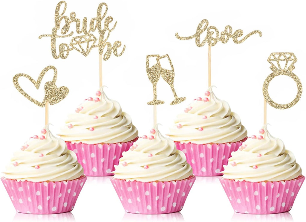 35 PCS Glitter Diamond Ring Bride to be Love Cupcake Topper Champagne Cake Picks Decorations for Bridal Shower Wedding Engagement Party Supplies, Light Gold