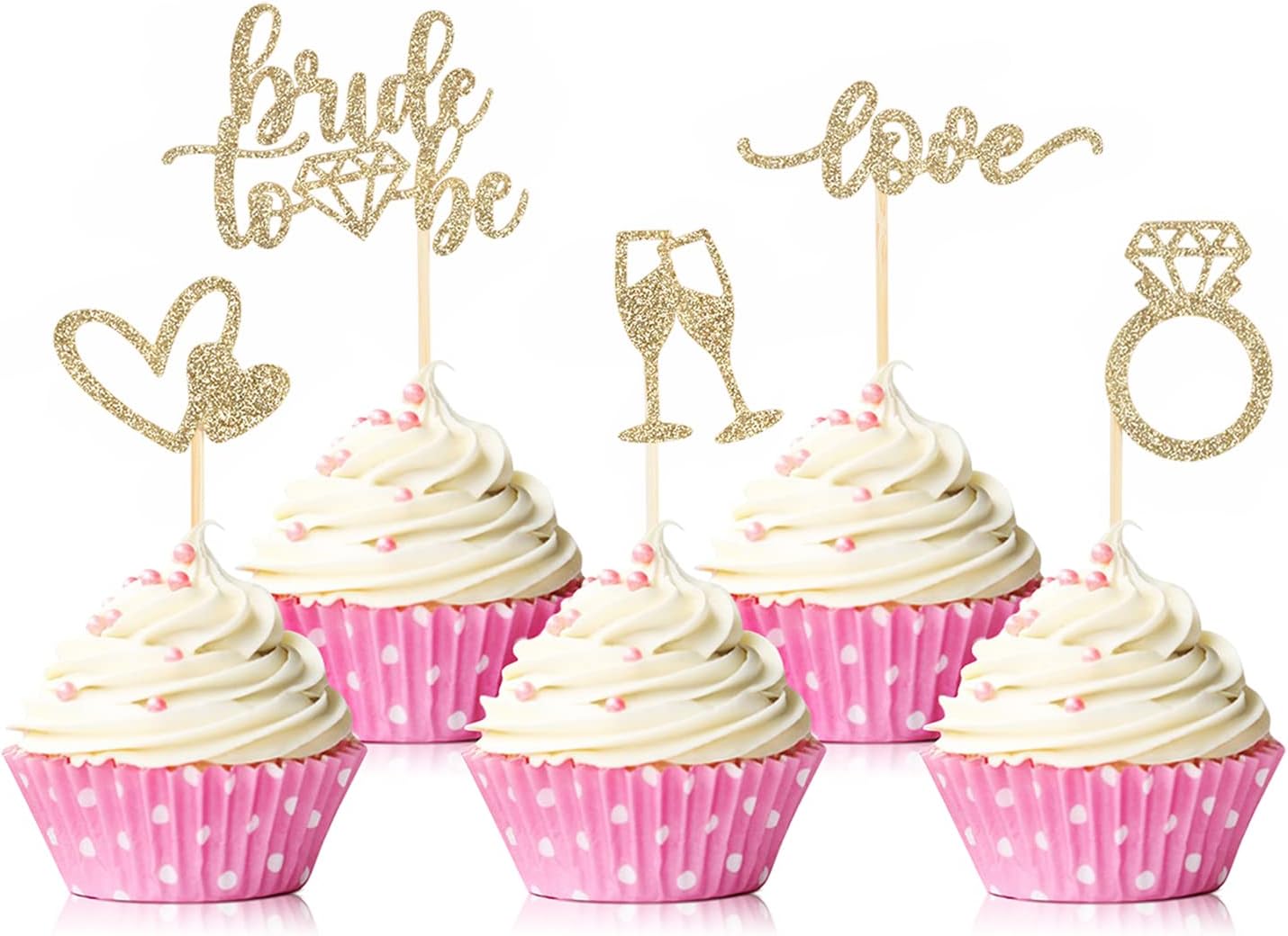 35 PCS Glitter Diamond Ring Bride to be Love Cupcake Topper Champagne Cake Picks Decorations for Bridal Shower Wedding Engagement Party Supplies, Light Gold