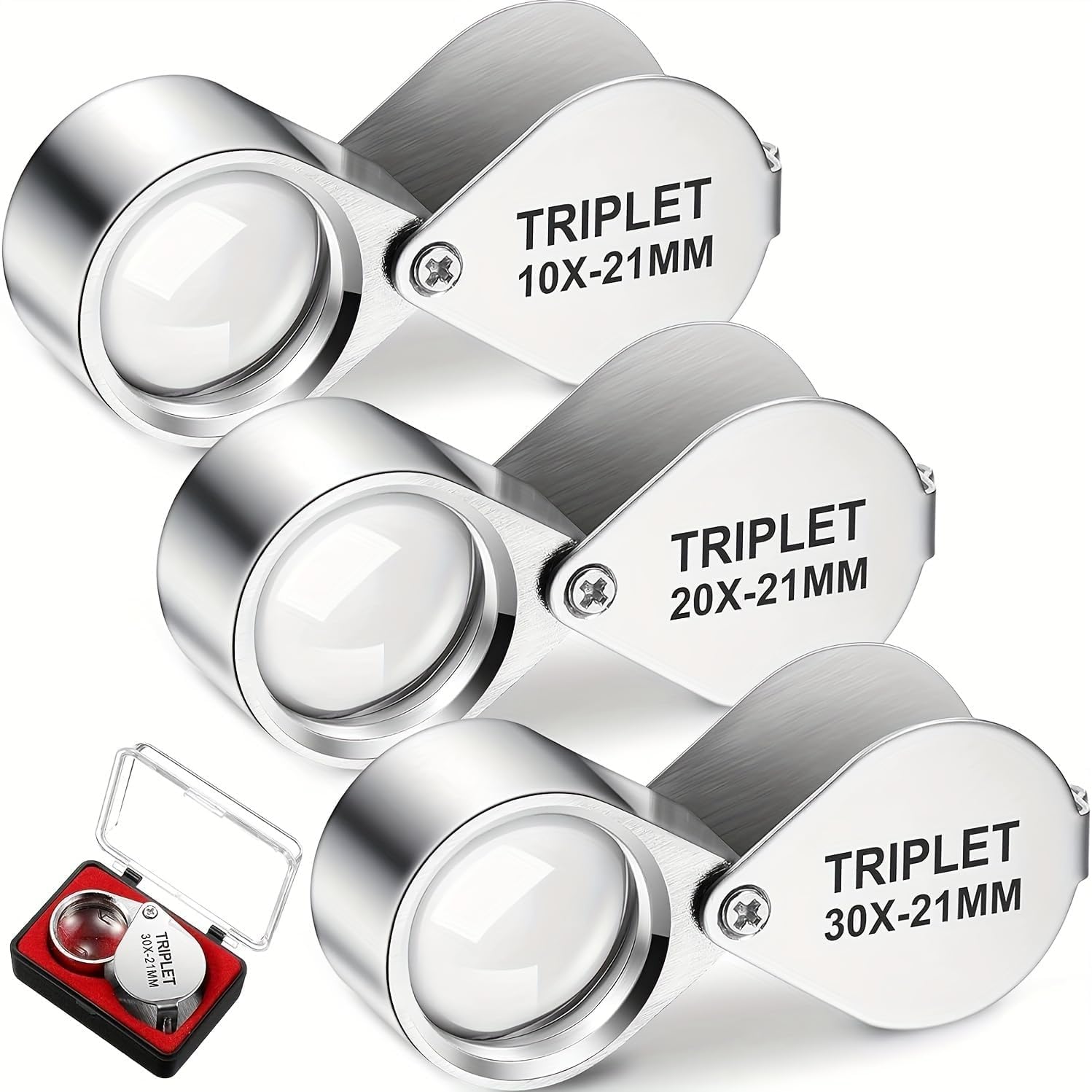 3 Pieces Jewelers Eye Loupe Set 10X, 20X and 30X Pocket Jewelry Loupe, Jewelers Eye Magnifying Glass Magnifier for Jewelry Coins Gems Stamps Watches Supplies