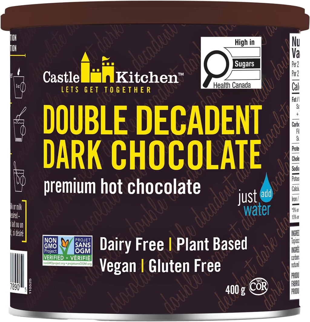 Castle Kitchen Double Decadent Dark Chocolate Hot Cocoa Mix-Dairy-Free, Vegan, Plant Based, Gluten-Free, Non-GMO Project Verified, Kosher Hot Chocolate-Just Add Water-14 oz Tin