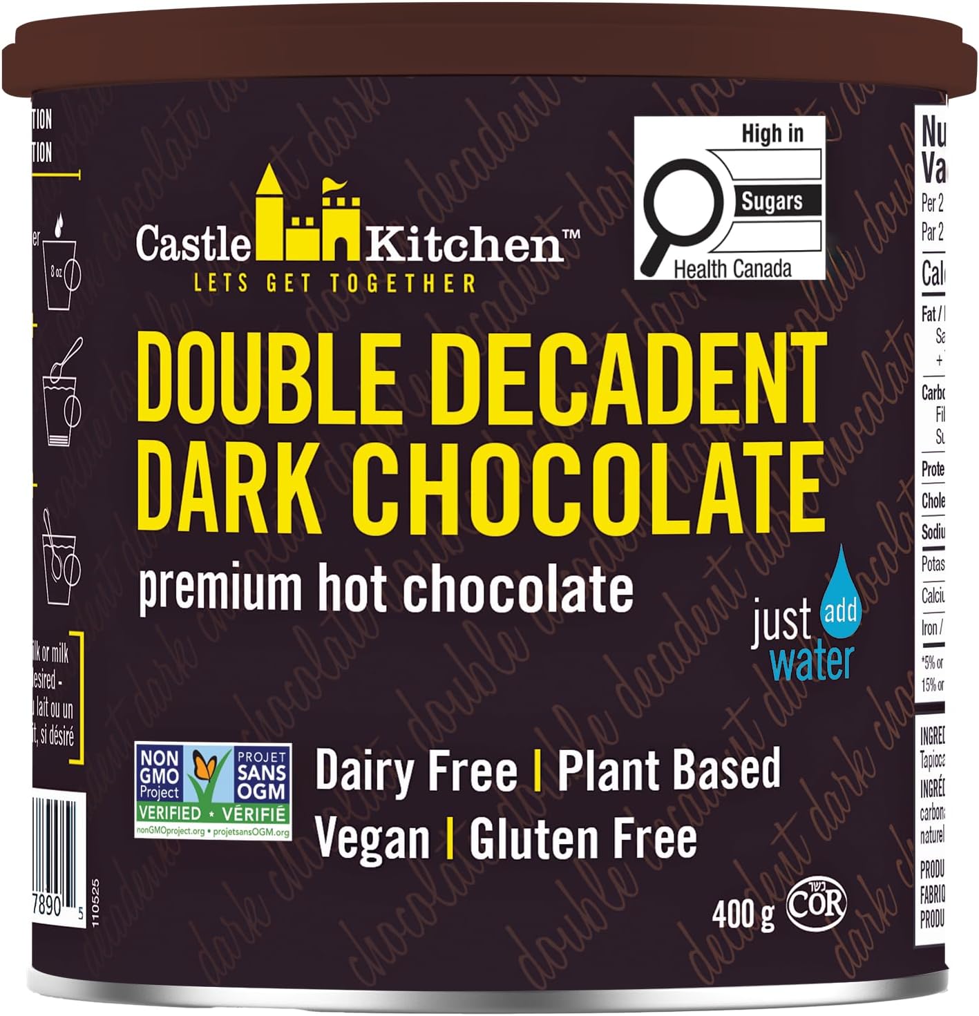 Castle Kitchen Double Decadent Dark Chocolate Hot Cocoa Mix-Dairy-Free, Vegan, Plant Based, Gluten-Free, Non-GMO Project Verified, Kosher Hot Chocolate-Just Add Water-14 oz Tin