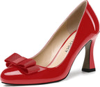 SKYSTERRY Women's Slip On Bow Patent Round Toe Casual Dating Spool High Heel Pumps Shoes 3.3 Inch