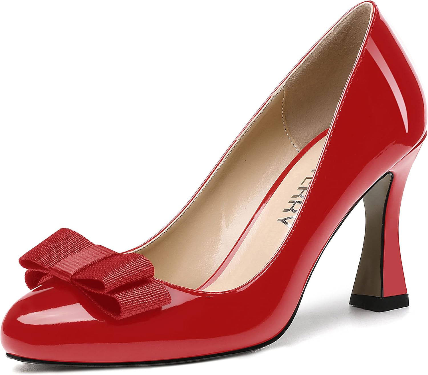 SKYSTERRY Women's Slip On Bow Patent Round Toe Casual Dating Spool High Heel Pumps Shoes 3.3 Inch