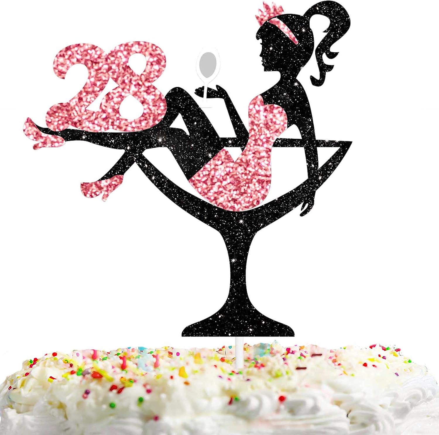 Sitting Girl Cake Topper Picks for Lady 28th Birthday Makeup Spa Theme Party Decoration Supplies 28 Silhouette High Heeled Cake Decor Rose Gold Glitter