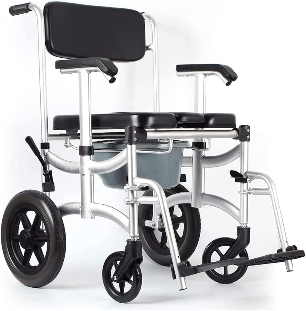 Shower Wheelchair, Aluminum Alloy Wheeled Toilet Chair Foldable Elderly Disabled Bathing Chair, Elderly Disabled Bedside Toilet Seat Detachable Bucket Bathroom Wheelchair