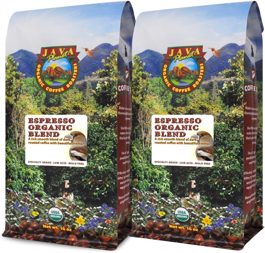 Low Acid Organic Coffee – Whole Bean, Mold-Free & Stomach Friendly by Java Planet, Espresso Blend Coffee, Dark Roast, Smooth Full Flavored, 2x1LB Bag