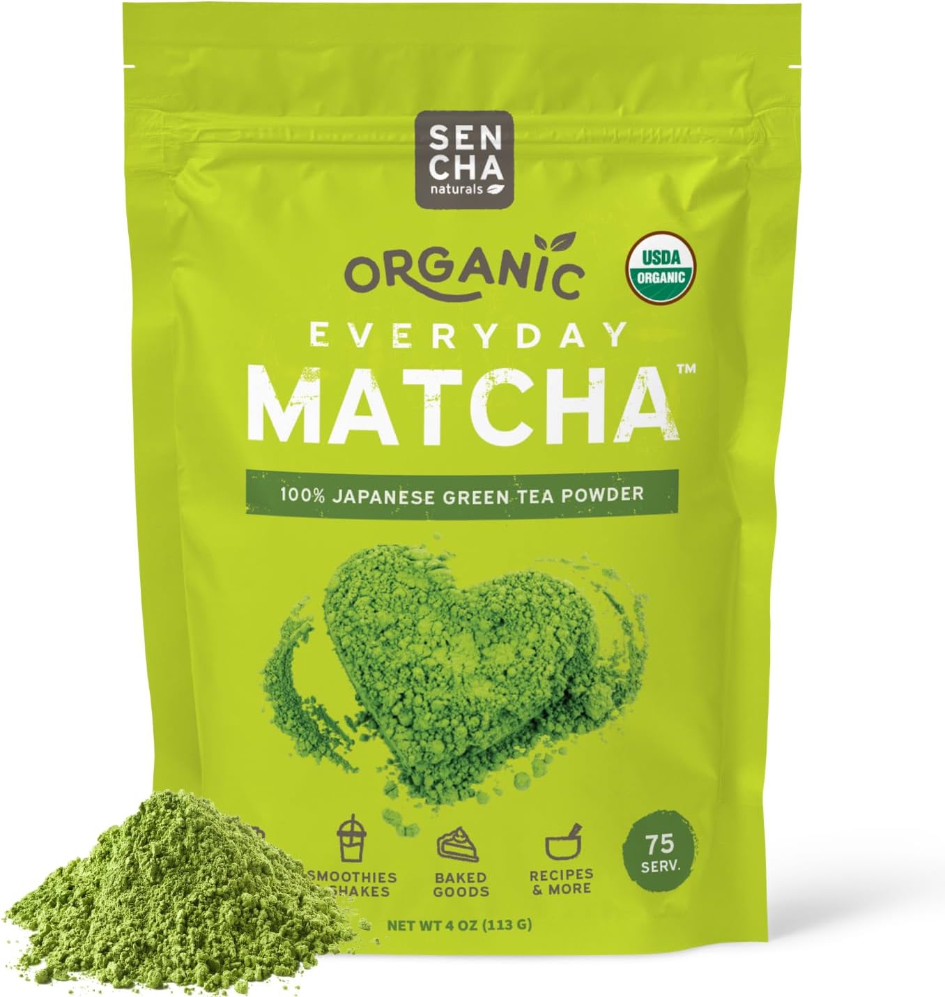 SEN CHA Naturals Organic Matcha Powder, Authentic Japanese Green Tea, Premium First & Second Harvest Culinary and Ceremonial Grade Matcha Powder, Lattes & Baking, 4oz Bag (1 Pack)