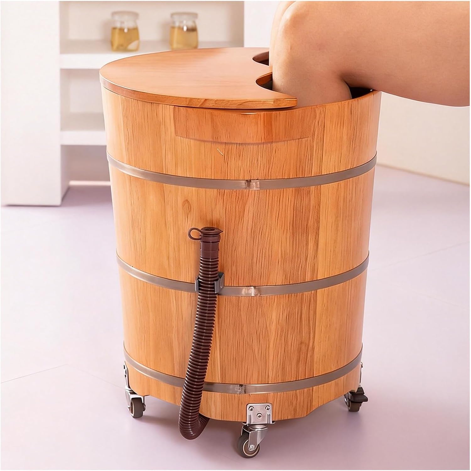 Wooden Foot Bath Barrel with Lid Removable Foot Washing and Wellness Basin Rubber Wood Foot Soaking Bucket Bucket Height 40/45/50centimeters Fast Drainage(H40cm/15.7")