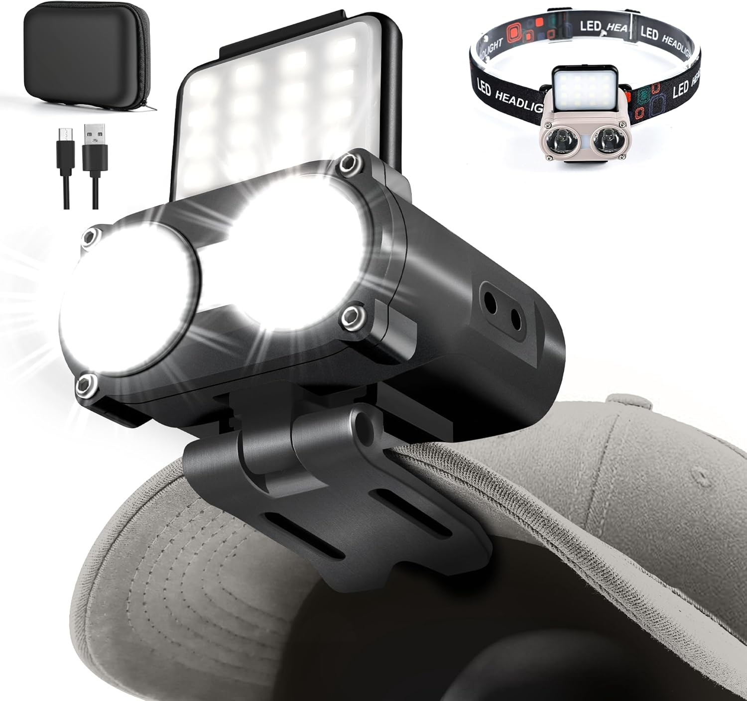 Hopedone LED Hard Hat Light, 800Lumens Rechargeable Dimmable Clip on Cap Lights, 180°Adjustable Hat Flashlight Headlamp Waterproof for Running, Camping, Hunting, Cycling (Black)