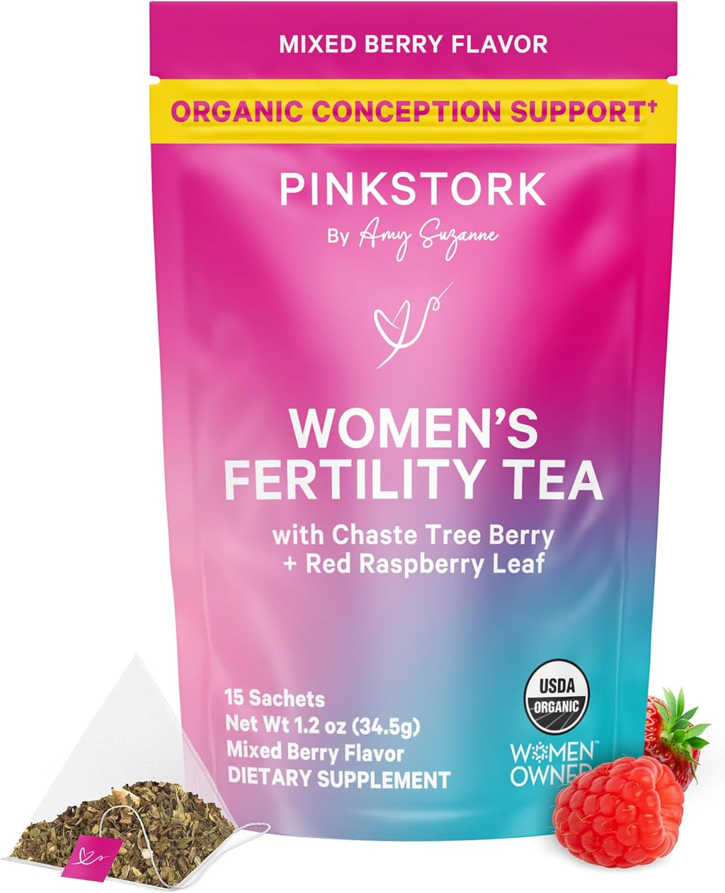 Pink Stork Organic Fertility Tea for Women | Fertility Supplements for Women with Chaste Tree Berry (Vitex) + Red Raspberry Leaf | Hormone Balance Herbal Tea for Conception Support | USDA Organic, Caffeine Free - Mixed Berry, 15 Sachets