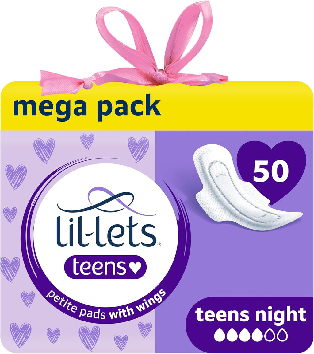 Lil-Lets Teens Night Pads with Wings - 50 Count Period Pads - Thin, Super Absorbent Sanitary Napkins, Soft & Breathable, Fragrance Free - First Periods, Heavy Flow Nights *Packaging May Vary*