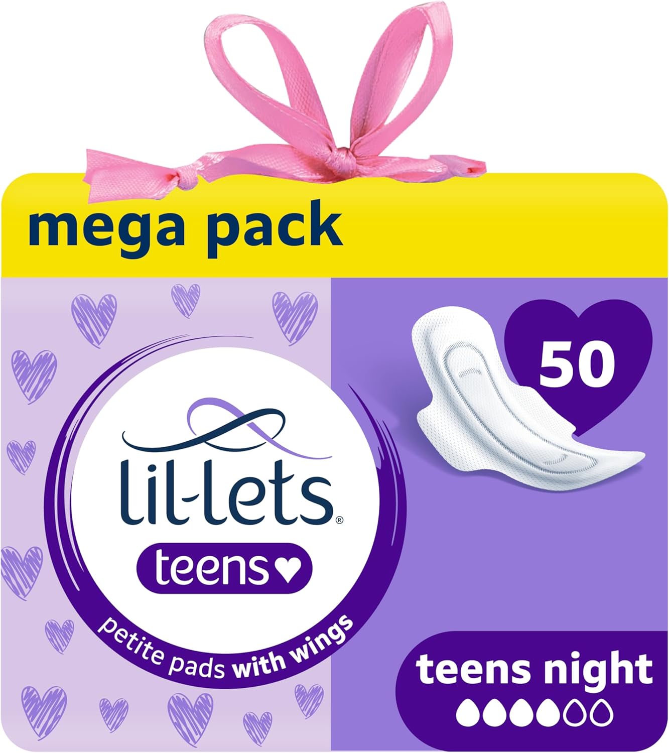 Lil-Lets Teens Night Pads with Wings - 50 Count Period Pads - Thin, Super Absorbent Sanitary Napkins, Soft & Breathable, Fragrance Free - First Periods, Heavy Flow Nights *Packaging May Vary*
