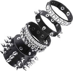 Emo Y2K Indie Grunge Studs Spiked Bracelet Goth Jewelry Accessories for Cool Rocker Skater Biker, 4 Pieces Men Punk Black PU Leather Cuff Bracelets Set