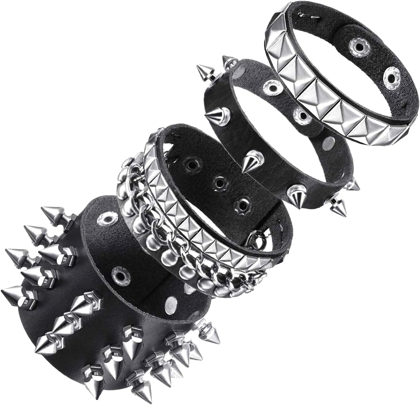 Emo Y2K Indie Grunge Studs Spiked Bracelet Goth Jewelry Accessories for Cool Rocker Skater Biker, 4 Pieces Men Punk Black PU Leather Cuff Bracelets Set