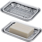 Kitchen and Bathroom Soap Dish Tray - Metal 2-Piece Soap Dish Tray with Drainage Grid and Holder for Kitchen Sink Countertops to Store Soap, Sponges, Scrubbers - Rust Resistant (2 Pack, Silver)