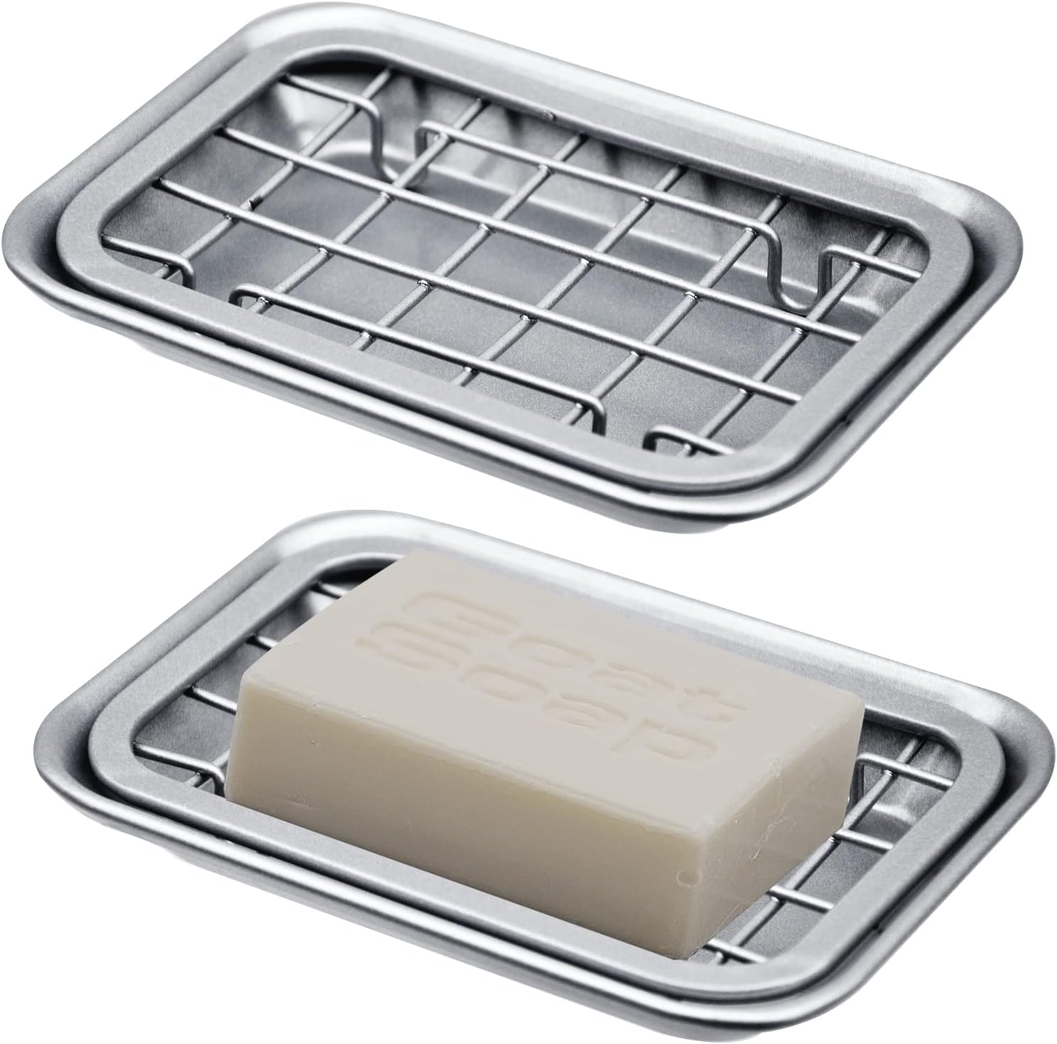 Kitchen and Bathroom Soap Dish Tray - Metal 2-Piece Soap Dish Tray with Drainage Grid and Holder for Kitchen Sink Countertops to Store Soap, Sponges, Scrubbers - Rust Resistant (2 Pack, Silver)