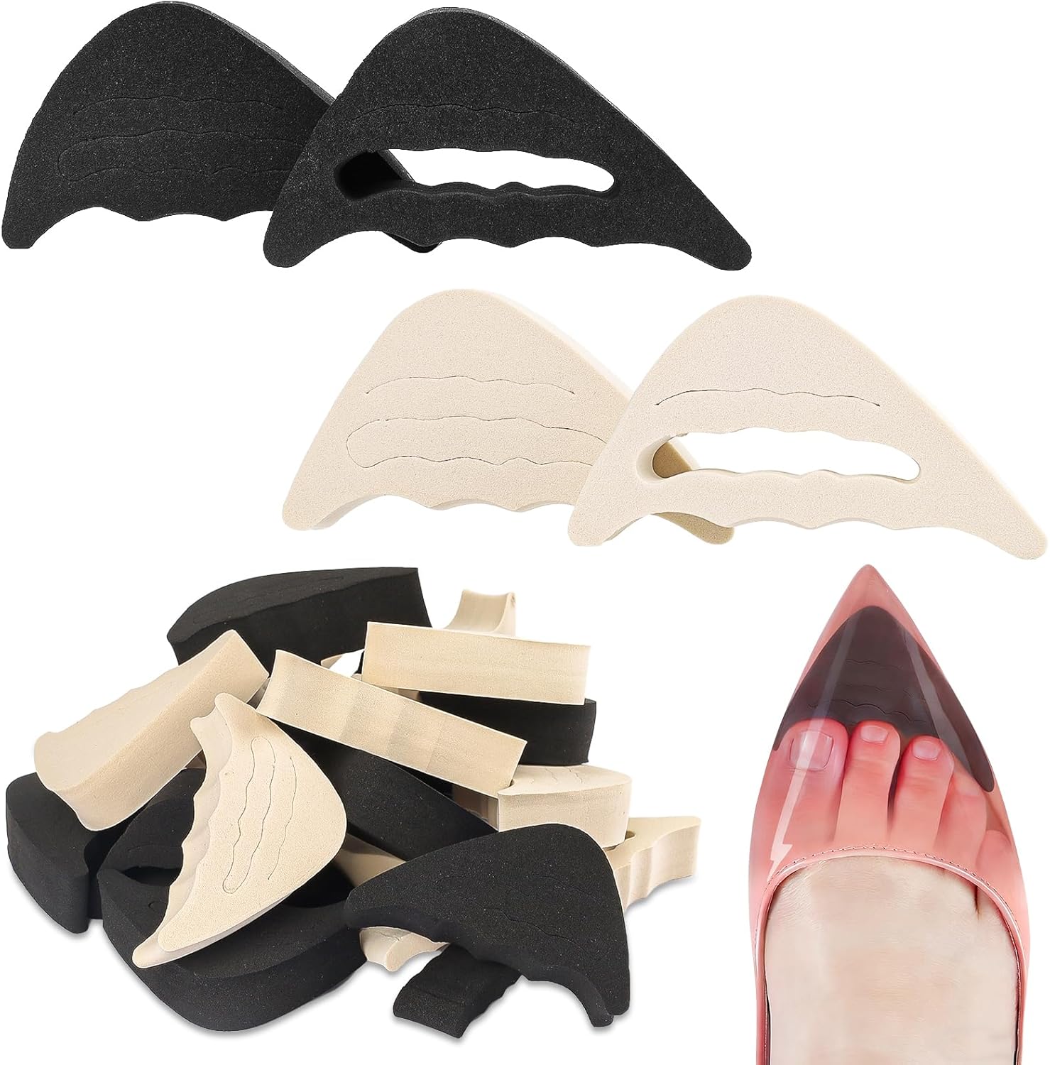12 Pairs Shoe Inserts for Shoes Too Big, Adjustable Toe Filler Inserts with Ergonomics Design, Reusable Sponge Shoe Size Reducer for Women Men Casual Sports High Heels Boots (Black & Beige)