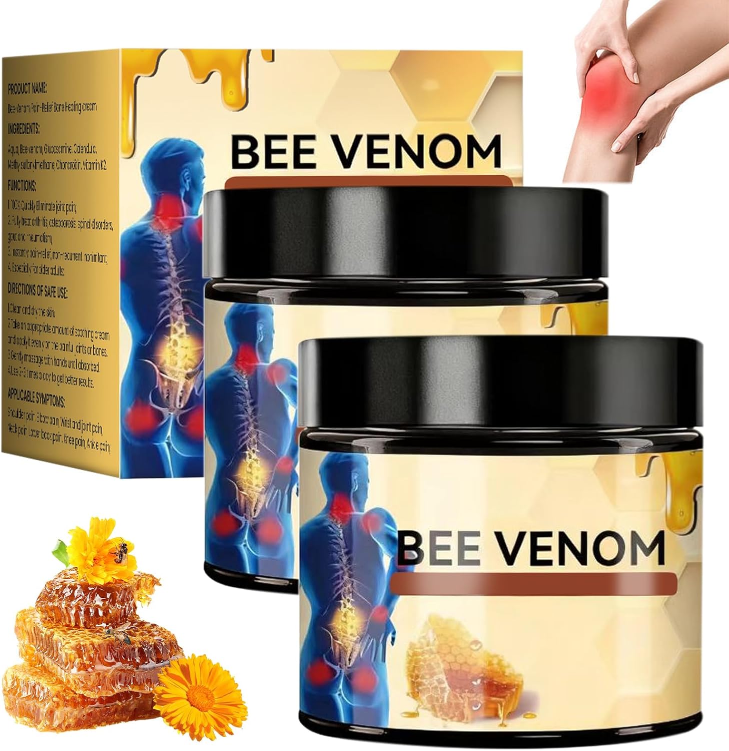 2PCS Bee Venom Joint Cream, Bee Venom Advanced Joint and Bone Gel, Professional Bee Venom Cream, Natural Formula, Fast-Absorbing, Suitable for Knee, Neck, Back, Hands, Feet Moisturizer