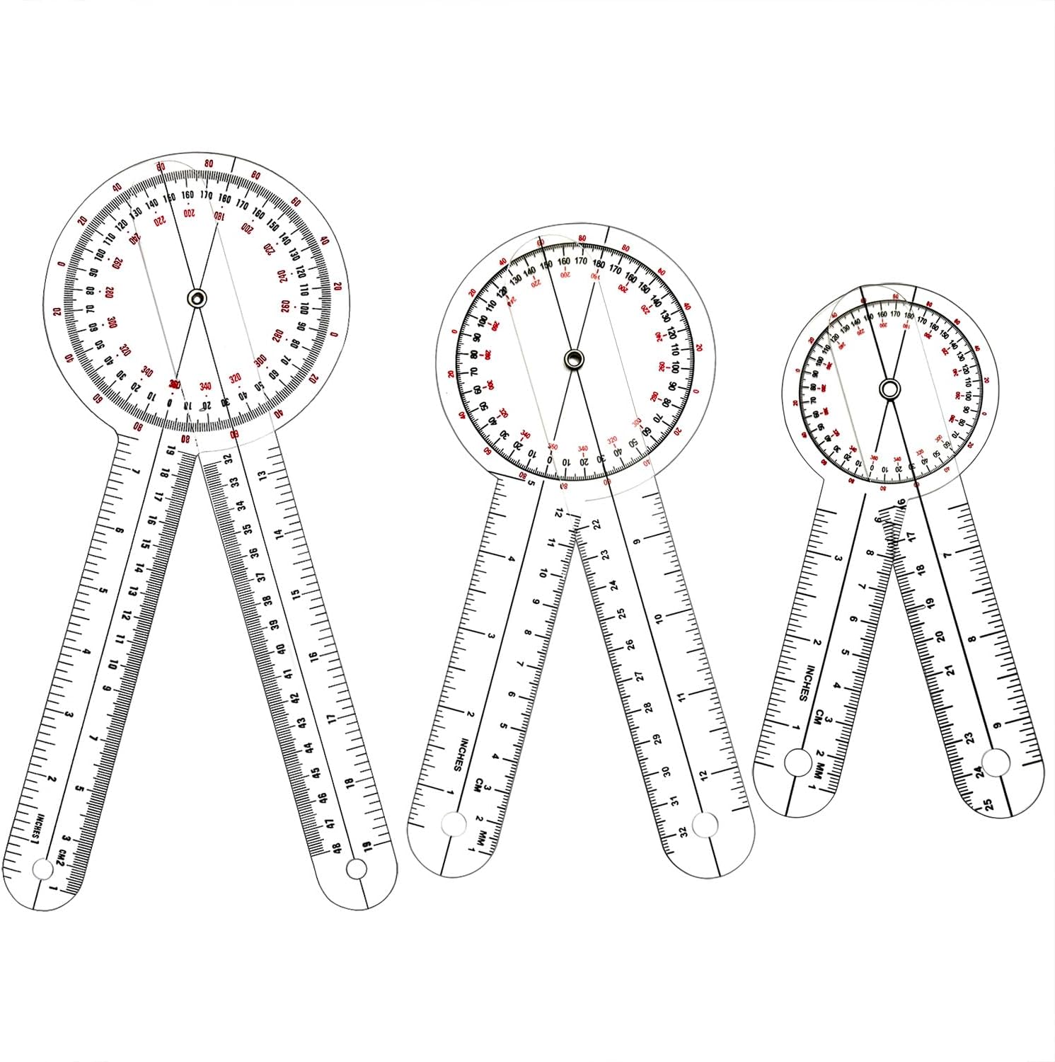 Goniometer Set 3 Pieces of 6/8/12 Inch, Transparent Orthopedic Angle Ruler Plastic Goniometer, 360 Degree Clear Protractor Physical Therapy for Body Measuring Tape Goniometer Protractor Ruler