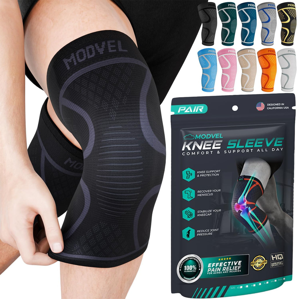 Modvel 2 Pack Knee Brace for Women & Men - Workout Knees Compression Sleeve for Knee Pain Relief Joint Support for ACL, Arthritis, Meniscus Tear Knees Brace for Sports, Rodilleras para Gym Fitness