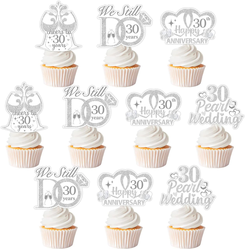 36 PCS 30th Anniversary Cupcake Toppers 30th Pearl Wedding Anniversary Cupcake Picks Double-Sided Printing Cheers to 30 Years We Still Do 30 Years Cake Decoration Anniversary Supplies
