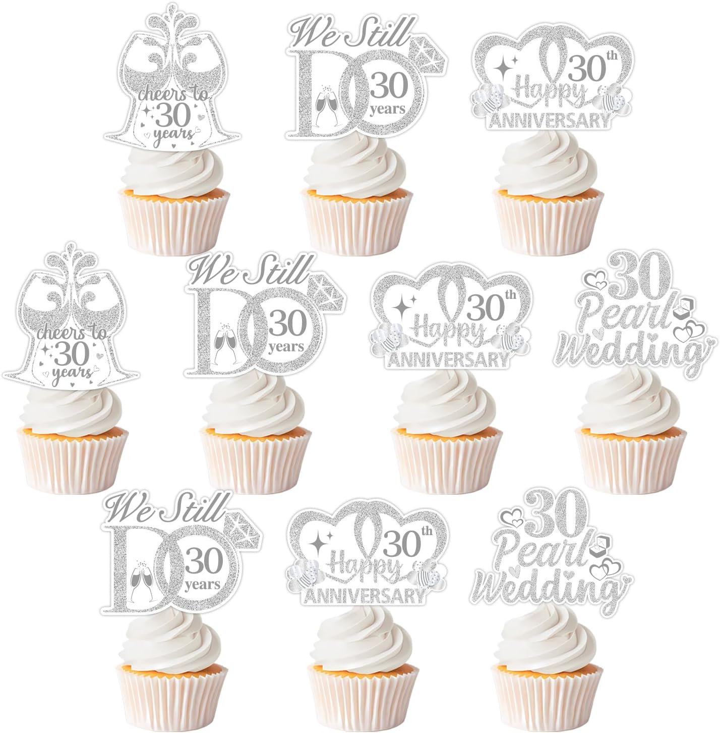 36 PCS 30th Anniversary Cupcake Toppers 30th Pearl Wedding Anniversary Cupcake Picks Double-Sided Printing Cheers to 30 Years We Still Do 30 Years Cake Decoration Anniversary Supplies