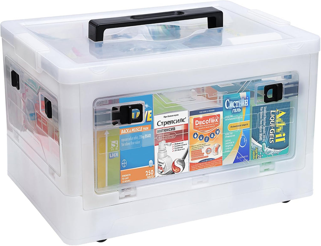 Gifhomfix Extra Large Medicine Storage Box with Handles, First Aid Box Clear Medical Supply Organizer with Removable Tray, Multipurpose Plastic Medicine Chest with Wheels