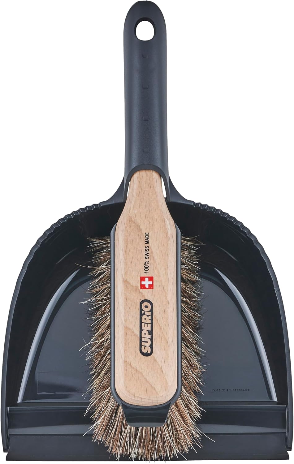 Superio Handheld Comfort Grip Dustpan and Brush Set - Hand Broom with Swiss Natural Horsehair Bristles.