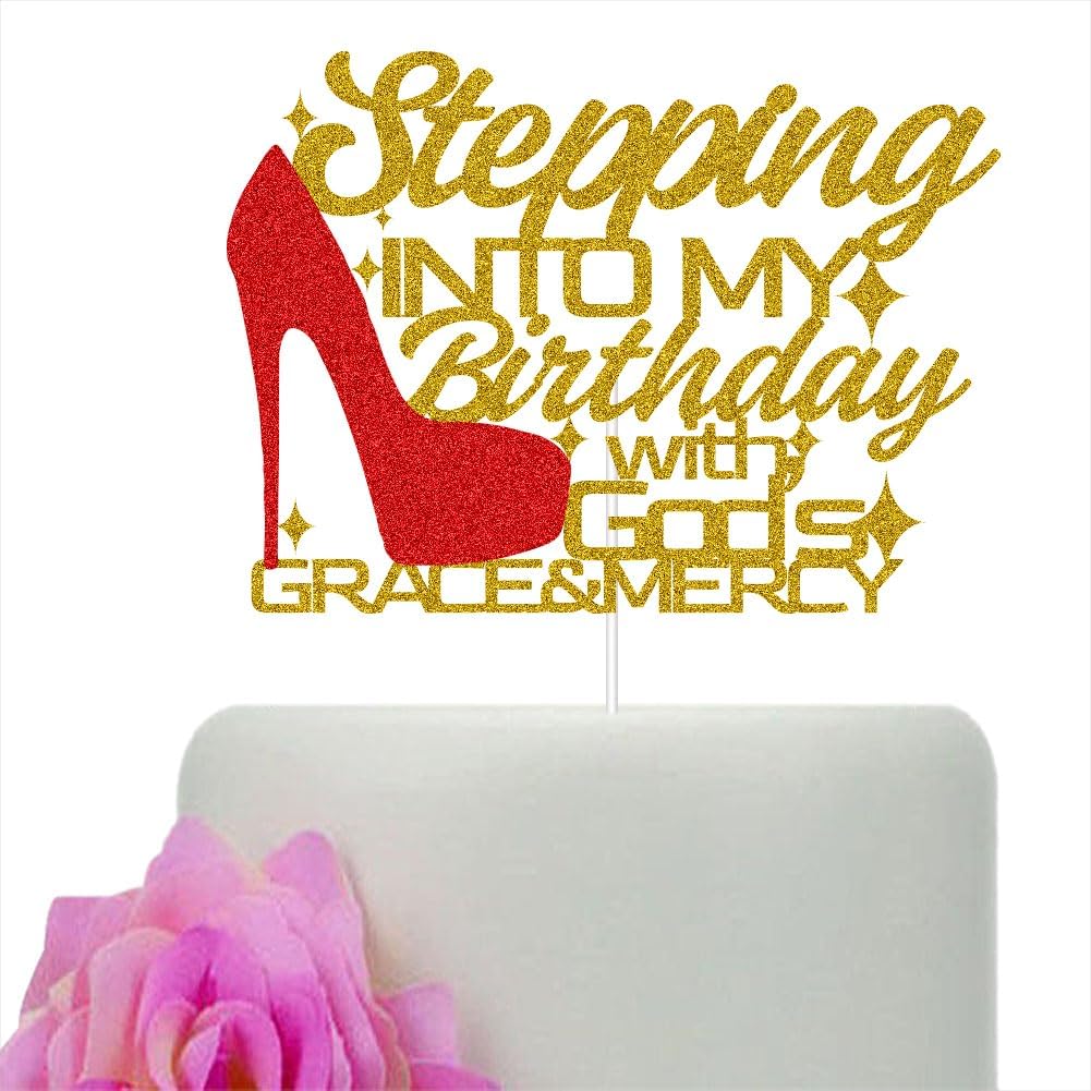 Stepping Into My Birthday With God's Grace & Mercy Cake Topper, Happy Birthday Cake Party Decorations for Girls Women Gold & Red Glitter