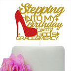 Stepping Into My Birthday With God's Grace & Mercy Cake Topper, Happy Birthday Cake Party Decorations for Girls Women Gold & Red Glitter